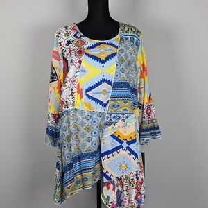 Calessa 2x Multi Color Indian Print Tunic 3/4 Ruffle Sleeves Boho